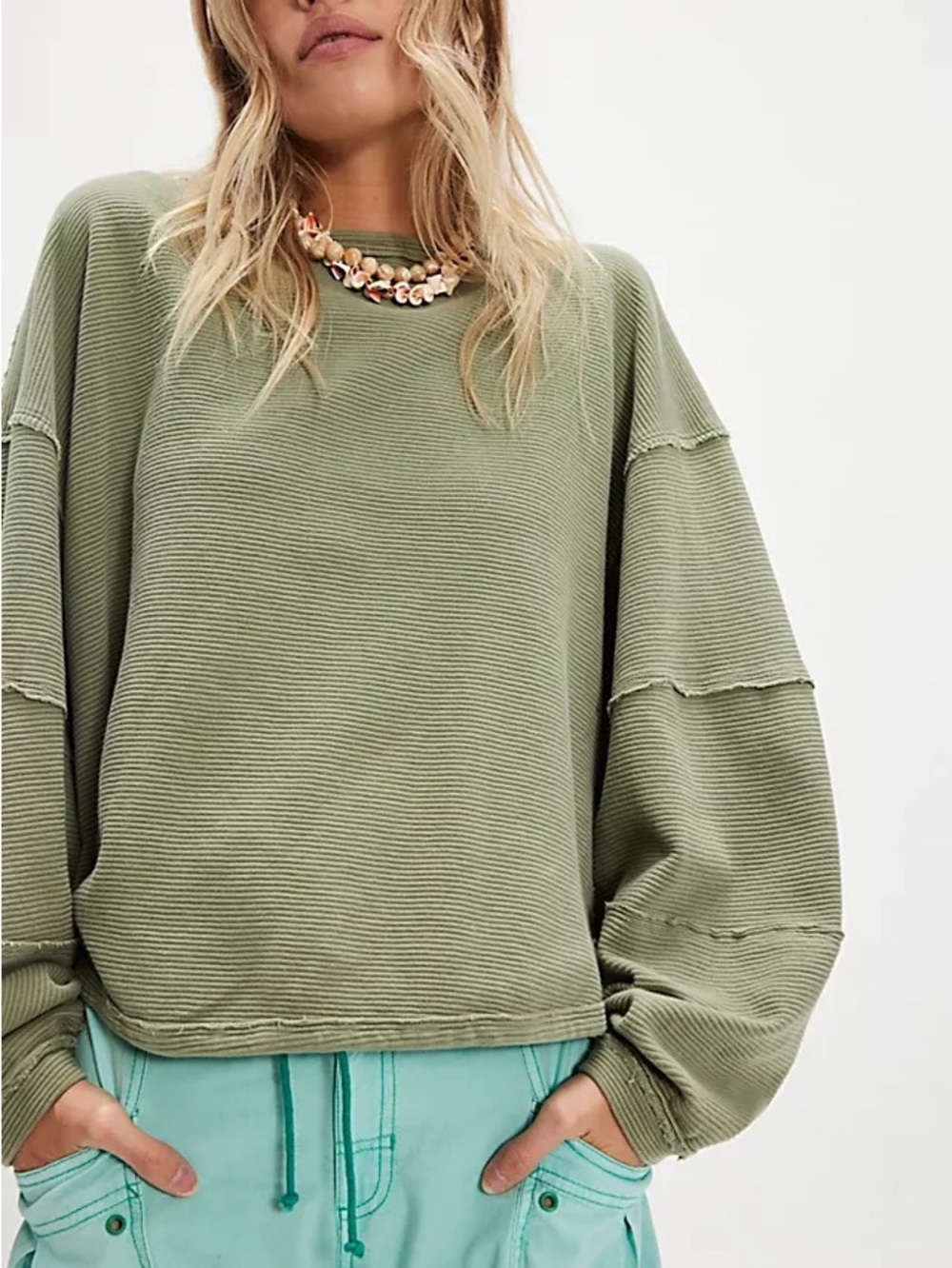 We the Free Olive Green Ribbed Slouchy Sweatshirt